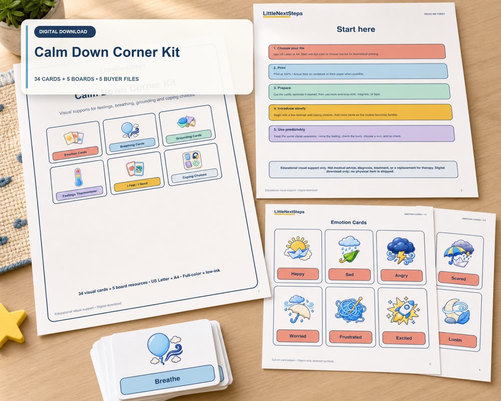 Головний слайд набору Calm Down Corner Kit: сторінки набору на дерев'яному столі